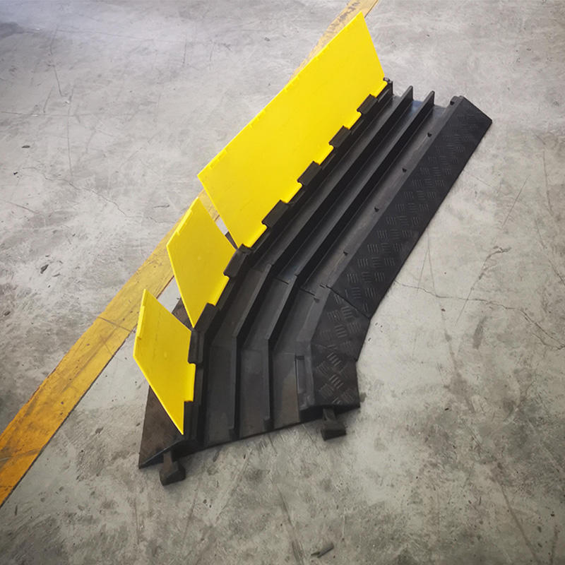 Heavy Duty 2 Channel Cable Protector Ramp, Traffic Wire and Hose Cover Guard, Non-Slip Modular Rubber, with Yellow Reflective Tape