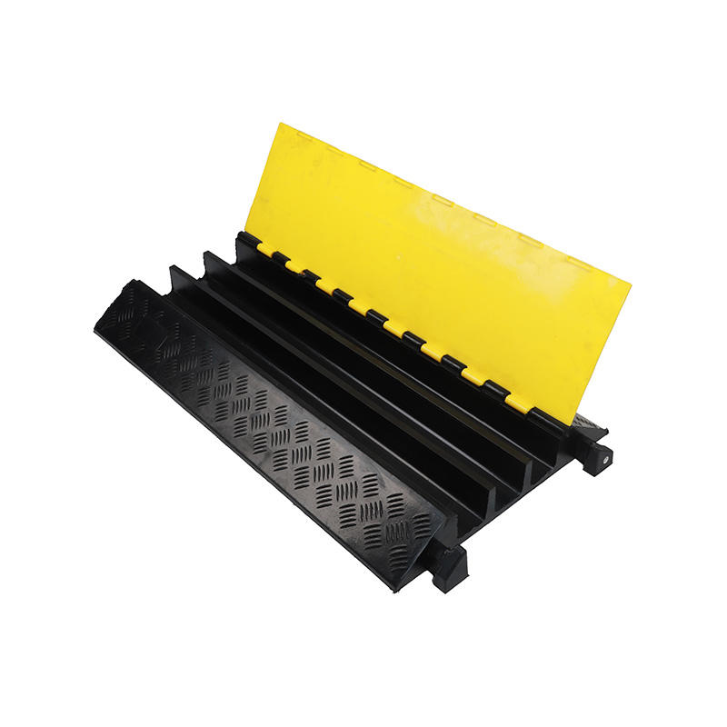 Heavy Duty Modular Rubber Cable Protector Ramp, 2 Channel Cord Cover, Traffic Wire Protector, Black with Yellow Stripes