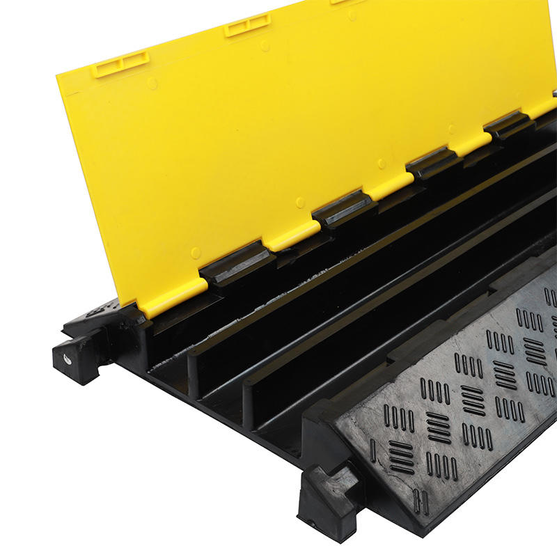 Heavy Duty 2 Channel Cable Protector Ramp, Traffic Wire and Hose Cover Guard, Non-Slip Modular Rubber, with Yellow Reflective Tape