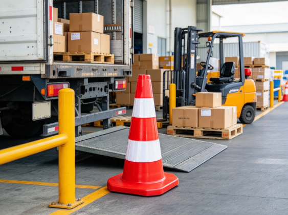 Red white rubber traffic cone at warehouse loading dock near truck rear forklift pallets boxes safety railing and temporary boundary line, practical logistics safety scene.