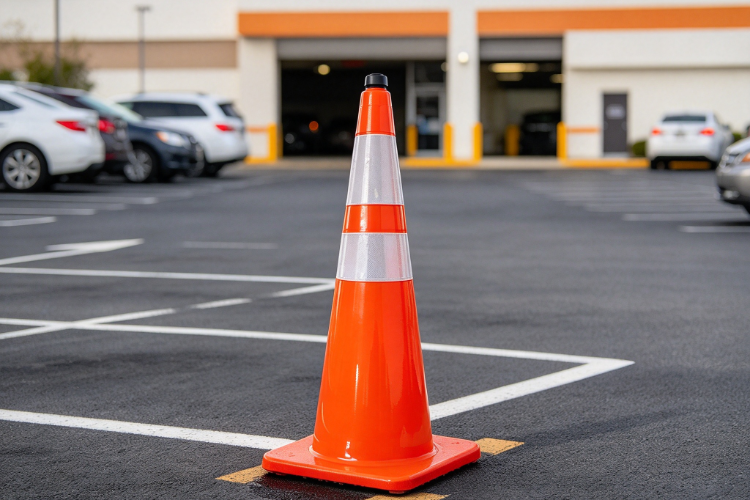 Weighted traffic cone placed in commercial parking lot with empty parking lines building entrance and vehicle background.