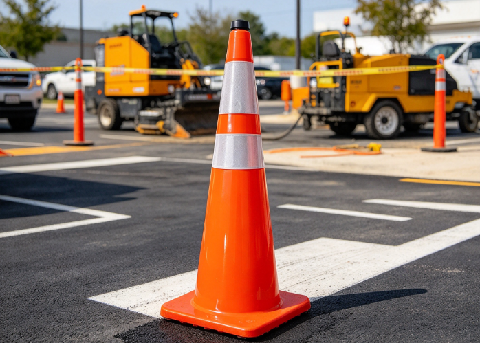 Rubber traffic cone in commercial parking lot repair area with asphalt markings equipment and vehicle background.